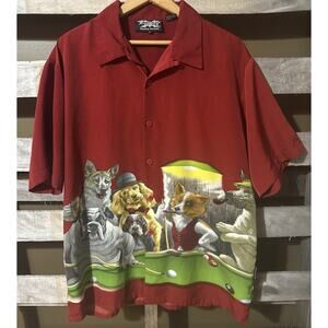 Dragonfly Pool Hall Dog Graphic Button Up Shirt Size Large